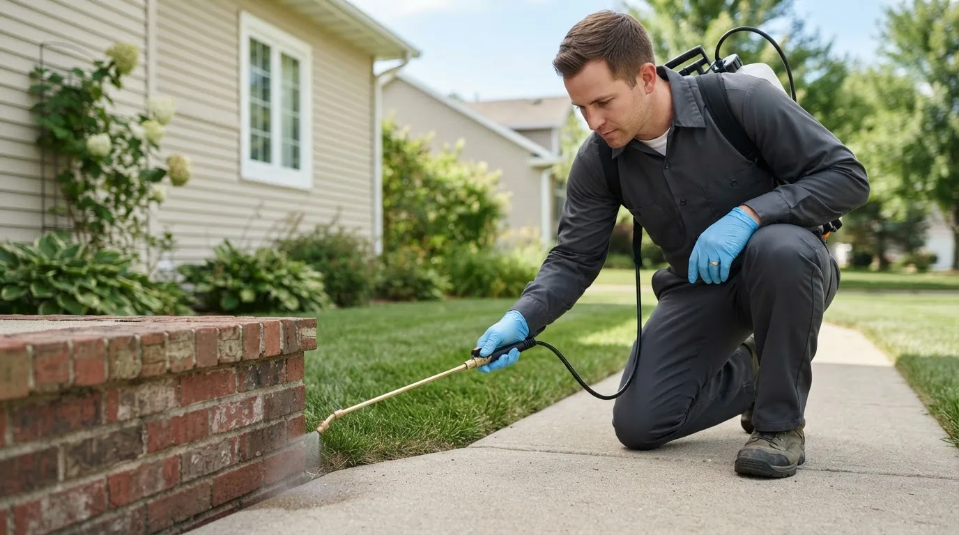 Pest control technician treating a home near Varina, IA