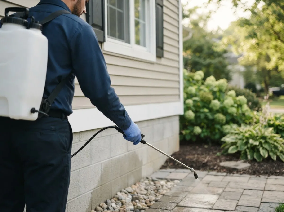 Pest control technician inspecting a home in Varina, IA